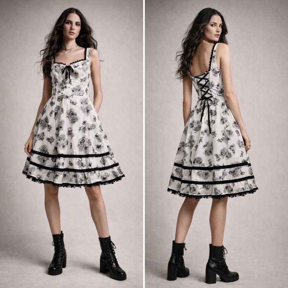 Hot Topic Gothic Rose & Insect Print Fit Flare Dress M Gothic Whimsigoth Spider - Picture 1 of 13